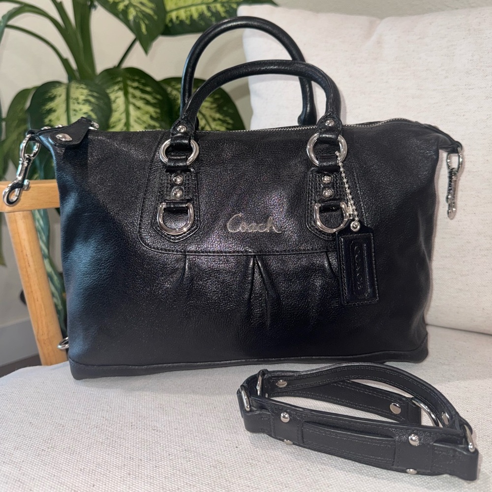 Coach Ashley Large Black Leather Two Way Satchel Shoulder Crossbody Bag #F15447 - Picture 3 of 17